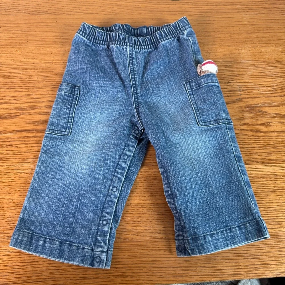 Vintage 2004 Gymboree Sock Monkey Denim Cargo Pants Blue Snap Inseam Baby 12-18M